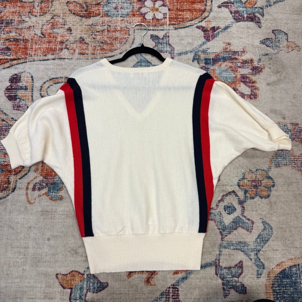 RODIER PARIS Wool Blend Knit Sweater V Neck Dolman Sleeve Cream Red Navy Stripes - Picture 4 of 6